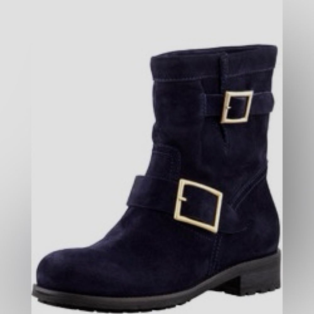 Jimmy Choo Black Suede Biker Boots with Buckle Detail – Preloved